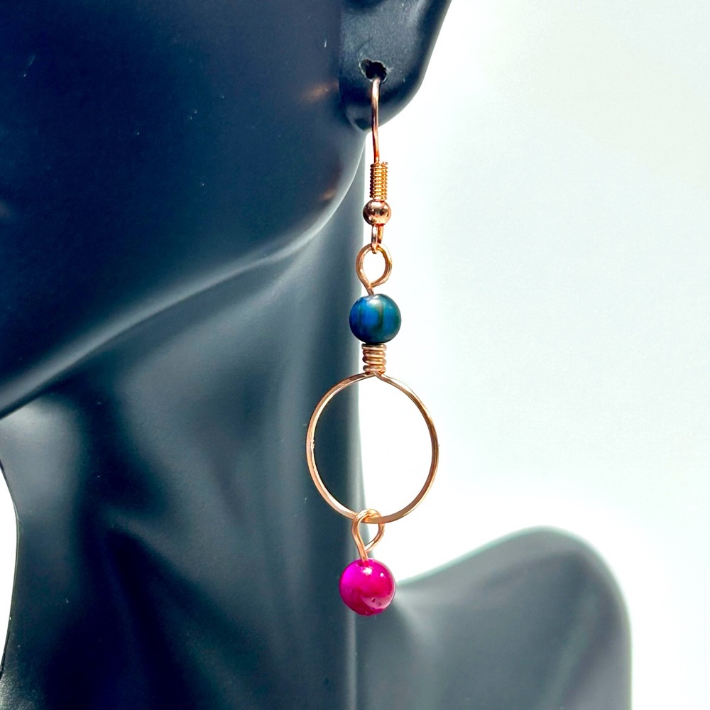 Handmade Copper Loop Earrings with Hot Pink Tiger Eye Gemstones